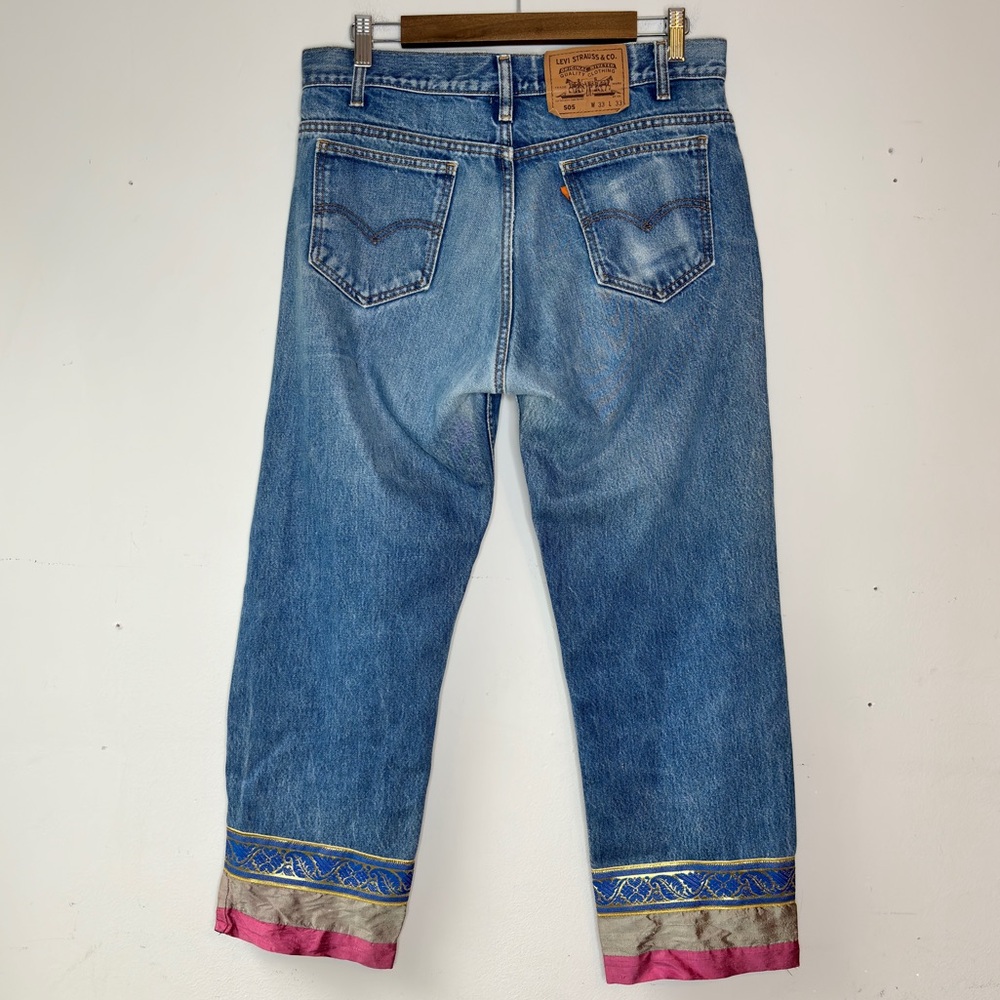 Levi's 505 Vintage Y2K Orange Tag Nooshin Upcycle Bandana Hem Rhinestone Jean 33 - Picture 9 of 14